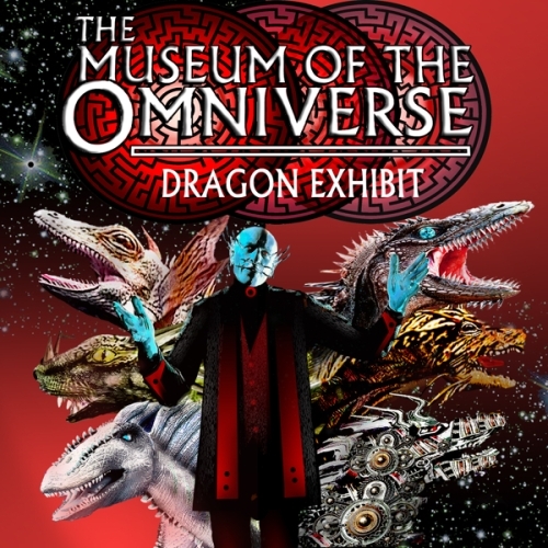 The Museum of the Omniverse, Dragon Exhibit. A man with blue skin and a long red coat stands before a panorama of dragons. A field of stars and labyrinths is behind him.