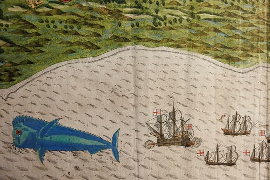 Colorful map showins a green coastline with several ships offshore, all dwarfed by a huge blue fish.