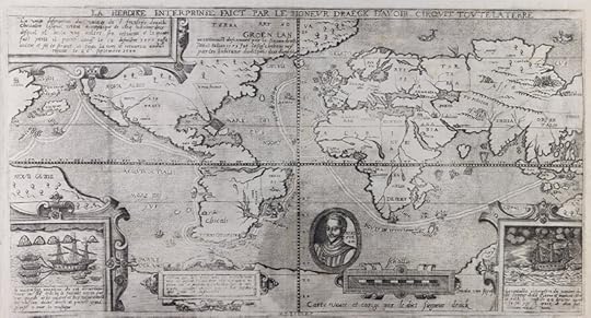 Global map showing outdated depictions of continents and oceans but roughly correct. A thin dotted line shows Drake's route.