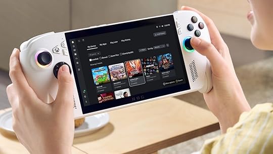 Hands holding a white ROG Xbox Ally handheld gaming device