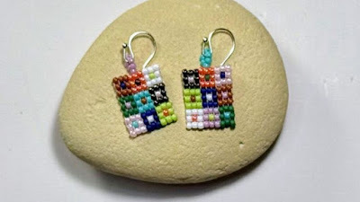 Colorful quilt square stitch bead earrings with a patchwork design