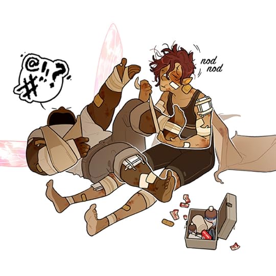 An illustration of two characters against a blank background. They are both beat to hell and back. Essex, a dracona/elf hybrid is sitting with her legs out, tiredly wrapping her friend Pax's ankle. Pax, the pixie, is lying on his back as Essex helps him. One arm in a sling, the other gesturing angrily. Yelling his obscenities to god. On the ground near them is a messy first aid kit.You should see the other guy.