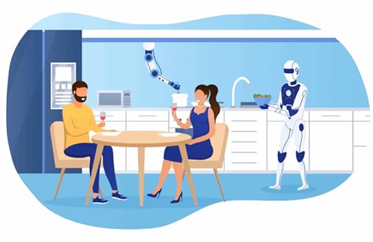 Illustration of AI-powered robot serving dinner to couple, representing idea that AI is eating the world, but who is paying.