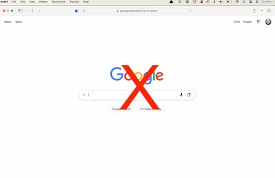 Screenshot of Google's home page with a big red X through it to illustrate the idea of Apple dropping Google