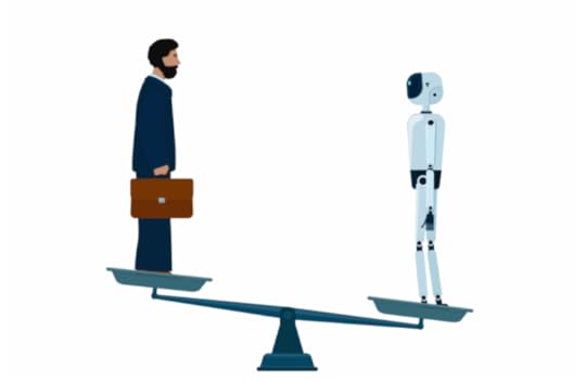 Line art of a robot outweighing a marketer on a scale to illustrate the idea of whether marketers can keep up with AI