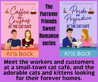 Two book covers each show a cartoon of a male/female couple at a cat café. One book is titled Coffee and Crushes at the Cat Café. The other is Pride and Prejudice at The Cat Café. Text says: The Furrever Friends Sweet Romance series - Meet the workers and customers at a small-town cat café, and the adorable cats and kittens looking for their forever homes.