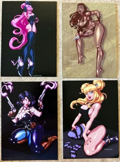 Four trading cards. Top left is June, a Cyberpunk lady with latex boots and garters with long purple hair. Top right is Vanya, wearing an animal skin bikini top and bottom and holding a dagger. Bottom right is Nell, with blonde hair with 2 bun. She has one striped stocking on and the other is off on the floor. The bottom left is Maggie, with a glowing white eye and holding two pistols with smoke coming out as if they have just been fired.