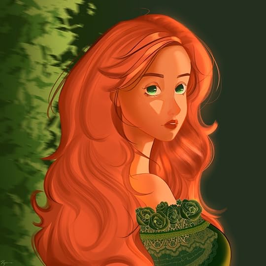 A digital painting of a young white woman with long, flowing red hair, green eyes, and a melancholic gaze. She wears an off-the-shoulder green dress with lace and floral details against a dark green background.