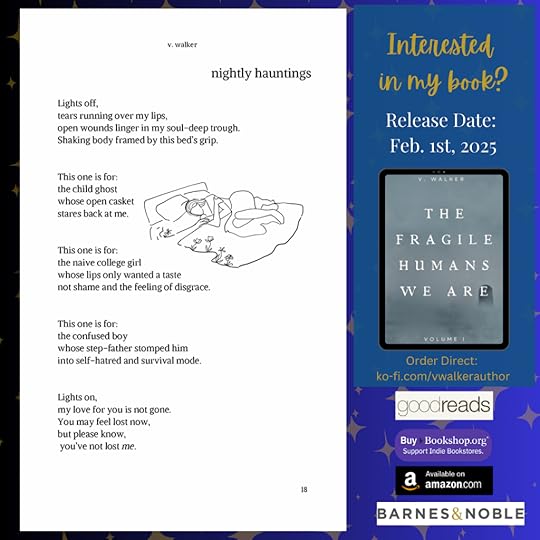 A promotional image for The Fragile Humans We Are by V. Walker, featuring a poem titled nightly hauntings on the left and order details on the right.