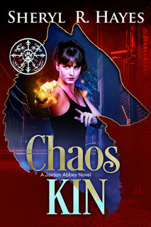 Chaos Kin book cover. On a red background, the blue silhouette of a wolf's profile frames a young woman in a black dress casting a spell of fire.