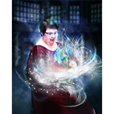 A portrait of author Sheryl R. Hayes. A Caucasian woman is surrounded by swirls of magic. She has short, dark hair, glasses, and wears a red dress.