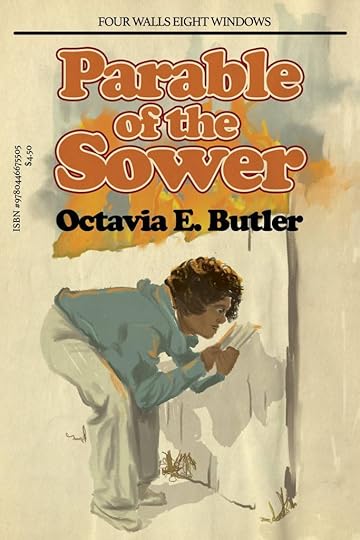 It's Parable of the Sower by Octavia E. Butler in the style of an old school Harriet the Spy paperback. Lauren, a young Black woman in a hoodie, examines a piece of paper by a fence while behind the fence, the city is on fire.