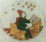 An ancient illustration of a person wearing a red hat, seated at a desk, studying a book under a starry sky.
