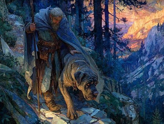 An elderly man with a long beard and staff walks alongside a large dog on a rocky path through a forest, with a colorful sunset illuminating the background.