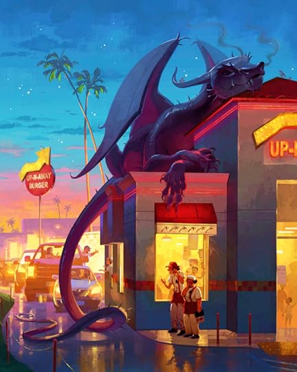 A digital illustration of a dragon sleeping on the roof of a burger joint ("Up n Away burger" a parody of In-n-out) drive-through at sunset. The dragon's tail is blocking the drive-through. Employees have mixed reactions, both laughing and frustrated. The car line is backing up. Some drivers laugh and take pics, others are annoyed.