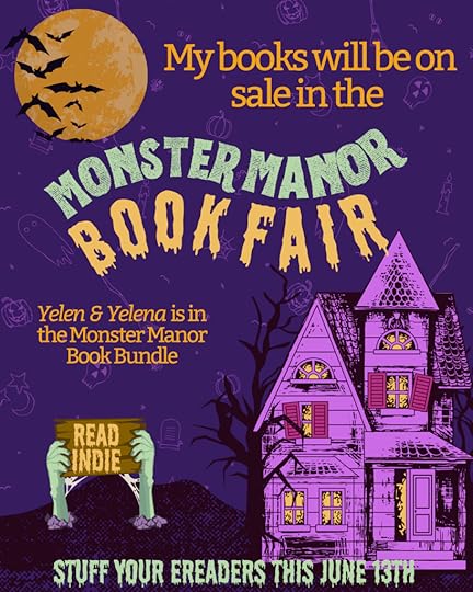 Monster Manor Itch Book Bundle graphic with purple haunted house and bookfair info. Stuff your ereaders on June 13th.