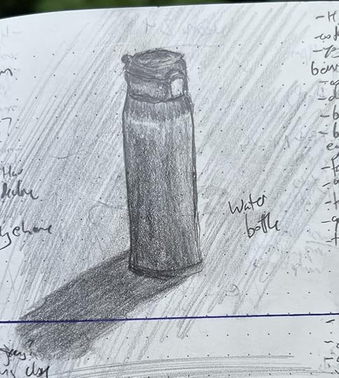 A pencil sketch of a steel water bottle, its shadow reaching toward the viewer
