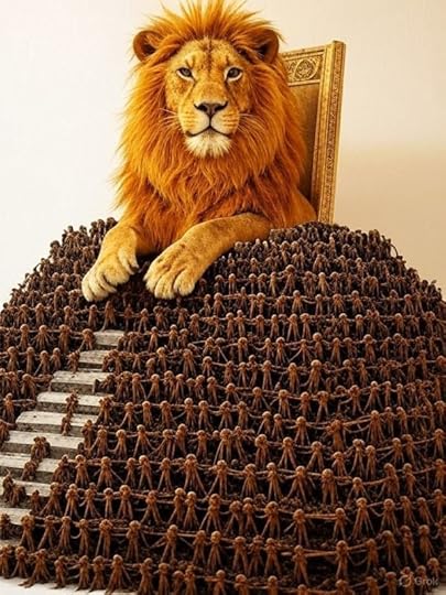 lion on a throne sits on top of a pyramid of stick figures