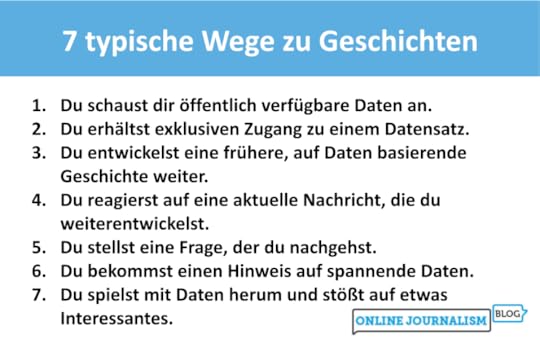 7 typische Wege zu GeschichtenDu schaust dir öffentlich verfügbare Daten an.Du erhältst exklusiven Zugang zu einem Datensatz.Du entwickelst eine frühere, auf Daten basierende Geschichte weiter.Du reagierst auf eine aktuelle Nachricht, die du weiterentwickelst.Du stellst eine Frage, der du nachgehst.Du bekommst einen Hinweis auf spannende Daten.Du spielst mit Daten herum und stößt auf etwas Interessantes.