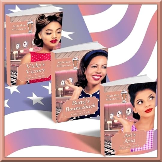 Vicky's Victory, Berta's Bounceback, and Ari's Aria book covers, showing a diverse trio of young women, standing in a malt shop