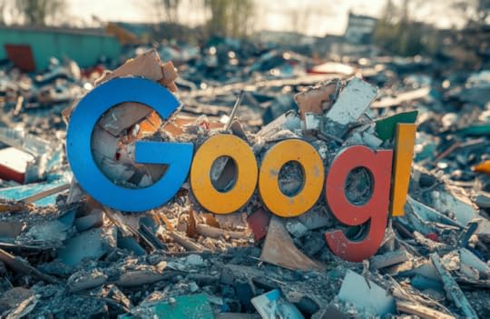 MidJourney generated image of broken Google logo sitting on trash pile to illustrate Apple throwing Google in the garbage