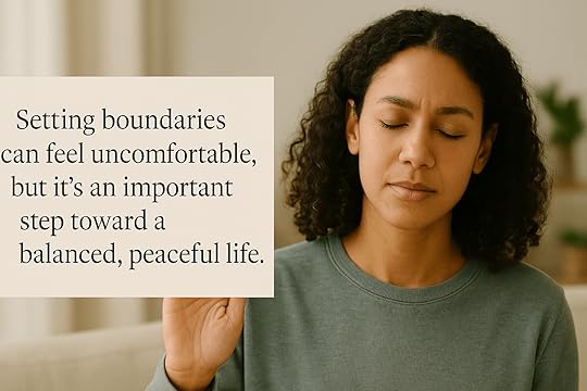 Woman holding up hand eyes closed