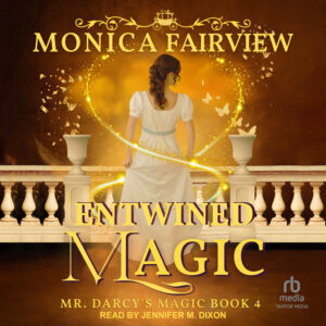 Elizabeth Bennet is in a white Regency-era dress. She stands in a Regency era garden, with entwined threads of magic surrounding her. 