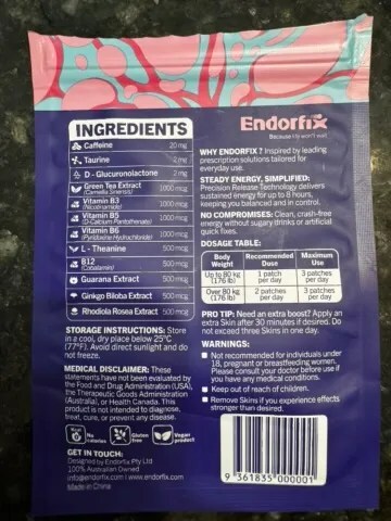 back of Endorfix energy patch package that shows ingredients 