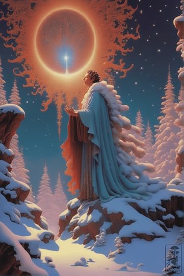 A serene figure draped in elegant robes stands on a snowy cliff, gazing upward at a radiant, glowing orb surrounded by intricate patterns, amidst a winter landscape filled with snow-covered trees.