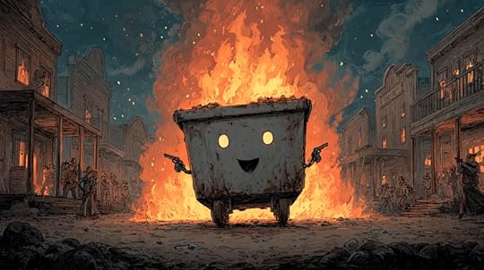 A cartoonish character resembling a smiling trash can stands in front of a large fire, brandishing two guns, in a stylized wild west setting with onlookers in the background.