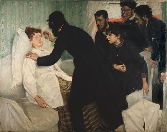 An 1887 painting by Richard Bergh that shows a woman in a trance, surrounded by people in black.