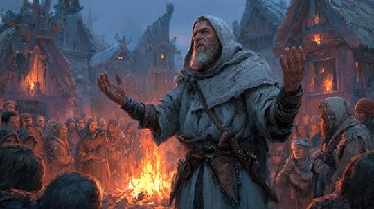 A wise elder stands with outstretched arms addressing a gathered crowd near a fire in a traditional village setting, with wooden buildings and a misty atmosphere.