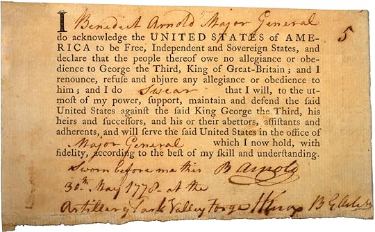 Declaration of independence ideals, as outlined in An oath of Alligiance to the United States as signed by Benedict Arnold in 1778. An historic document.