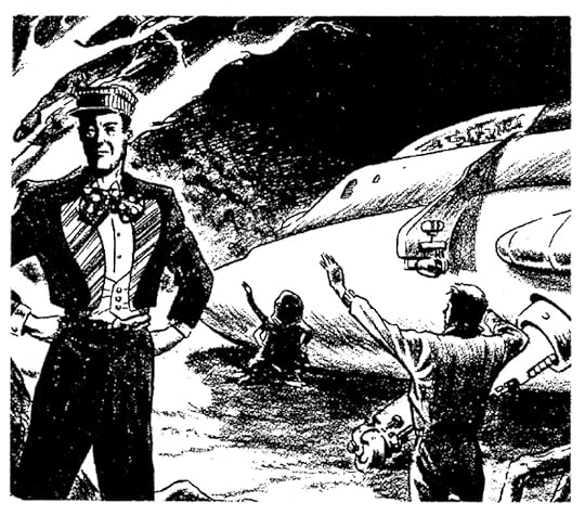 Art by Harry Harrison for the story 'Captain Wyxtpthll's Flying Saucer' by Arthur C. Clarke from Marvel Science Stories May 1951