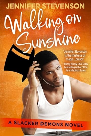 Cover of a novel, Walking on SunShine by Jennifer Stevenson. A handsome black man with a white tank top and a black top hat, against a yellow and orange background.