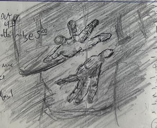 A loose pencil sketch of two hands looming out of the gloom