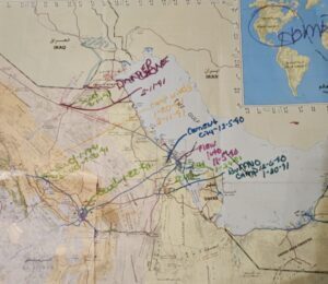 Map showing Kuwait and Saudi Arabia with hand-written notations indicating the location of Scud attacks