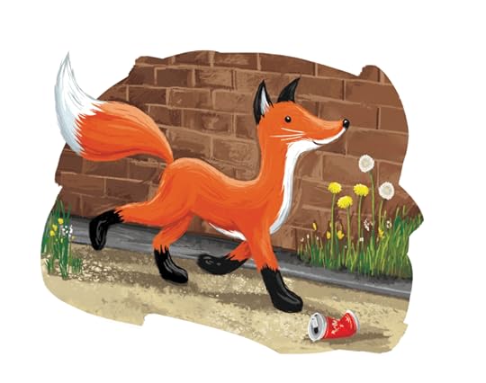Fox trotting along a back alley with a smile on his face. Wall and weeds/dandelions background.