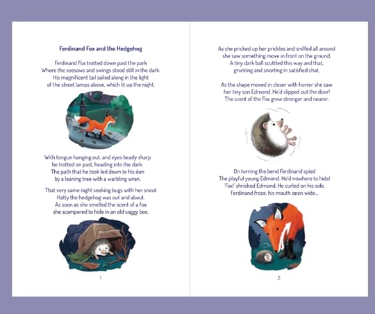 Image of a double page spread with rhyming text and images of a fox and hedgehog in different poses