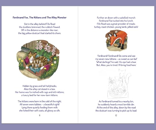 Image of a draft spread from a rhyming fox story. Two colour illustrations and one sketch. Images show cat and kittens in a carboard box and fox eating a chicken drumstick.
