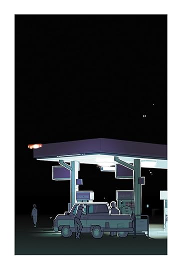 An illustration of a gas station at night. It literally looks like it's just sitting in a black void. There's a truck out front with two figures. A third figure is walking in from the dark.