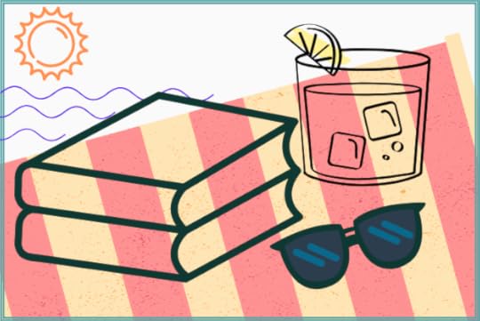 books, drink with ice cubes and lemon slice, beach towel, wavy water, sun, and sunglasses