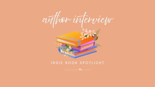 a peach coloured banner with the words 'author interview' over a graphic of a book stack with flowers between and top of the book stacks, over text that reads 'indie book spotlight' over a line broken up by two hearts.