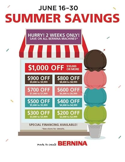 BERNINA SWEET DEALS! Treat yourself to incredible Summer Savings on BERNINA Sewing Machines, Embroidery Machines, Sergers, and Q-Series Long Arm Machines! Exclusively in store at the Nancy Zieman Sewing Studio & Quilt Shop in Downtown Beaver Dam WI.