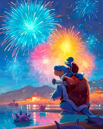 A digital illustration of Pokémon gathering on the ocean shore to watch fireworks in the night. A blastoise with a squirtle on its shoulders is prominent. The squirtle points at one of the fireworks, in the pattern of a Pokéball. We see an assortment of other pokemon like Lapras, Starmie, Corsola, and Shellder. In the distance are various buildings including a pokemon center.