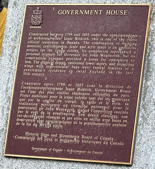 Plaque describing the construction of Government House, one of the oldest official residences in Canada