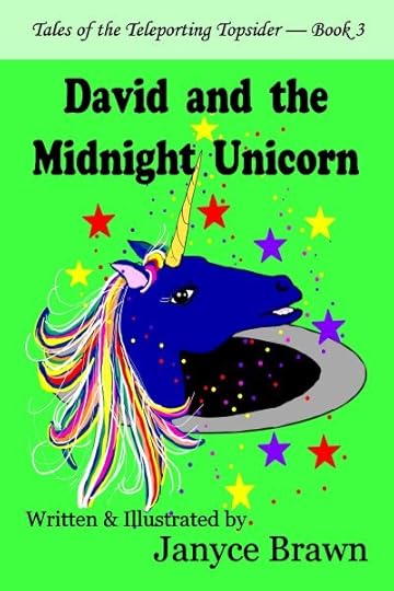 David and the Midnight Unicorn. On a bright green background, a dark blue unicorn with a rainbow mane pokes its head through a black portal. Stars sparkle all around it.