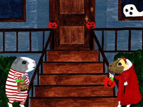 Rachel E Smith guinea pigs painting Pigoween: Camille & Dagmar vs. the Creepy Porch