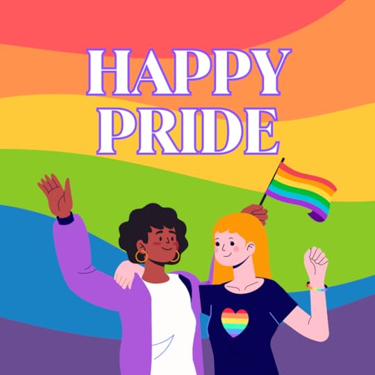 Two women raising hands and Pride flag on rainbow background.Text: Happy Pride.