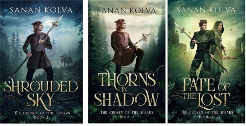 Three book covers in the series, Chosen of the Spears. In each one, an elven man stands proudly with a magical spear in his hands.